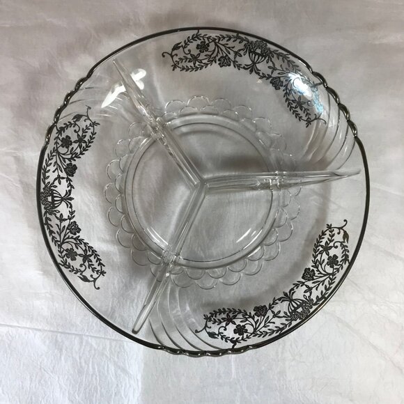 Vintage Silver Overlay Glass 3-Section Divided 9" Dish - Picture 3 of 8